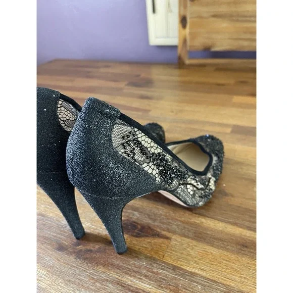 Vero Curio Heels Shoes Black Lace Floral Beaded High 4.5" Womens 10M Rhinestone - Picture 14 of 14